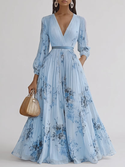 Women's Floral Print Pleated Maxi Dress with Deep V-Neck and A-Line Skirt