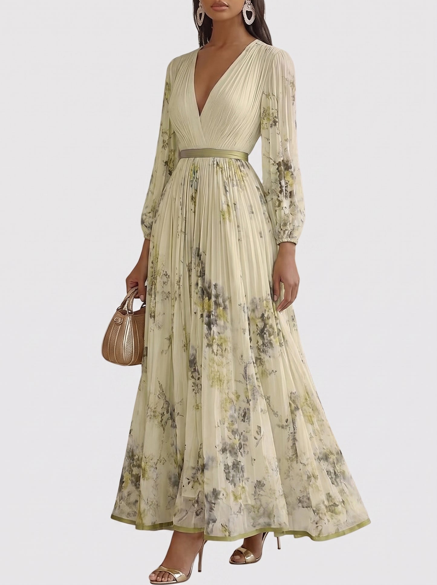Women's Floral Print Pleated Maxi Dress with Deep V-Neck and A-Line Skirt