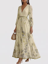 Women's Floral Print Pleated Maxi Dress with Deep V-Neck and A-Line Skirt