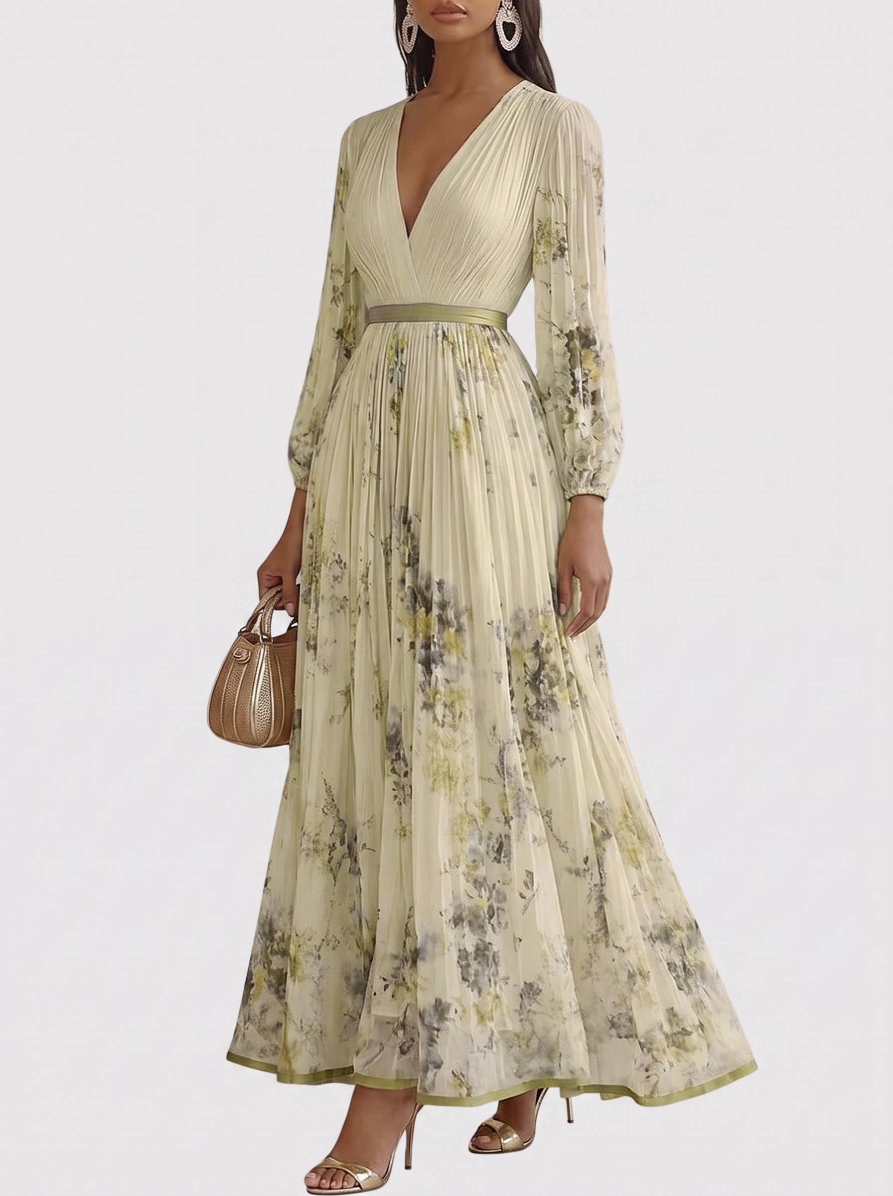 Women's Floral Print Pleated Maxi Dress with Deep V-Neck and A-Line Skirt
