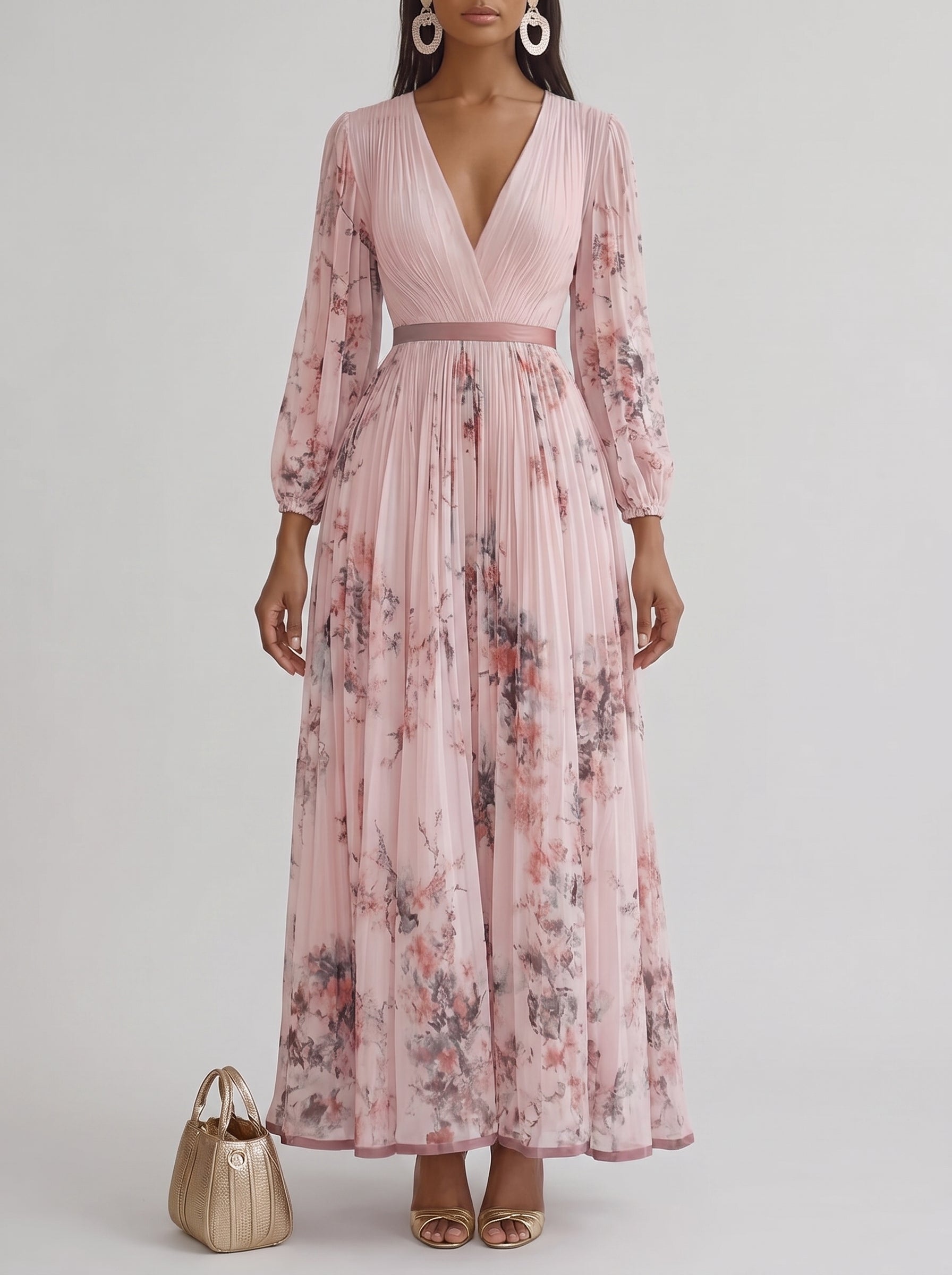 Women's Floral Print Pleated Maxi Dress with Deep V-Neck and A-Line Skirt