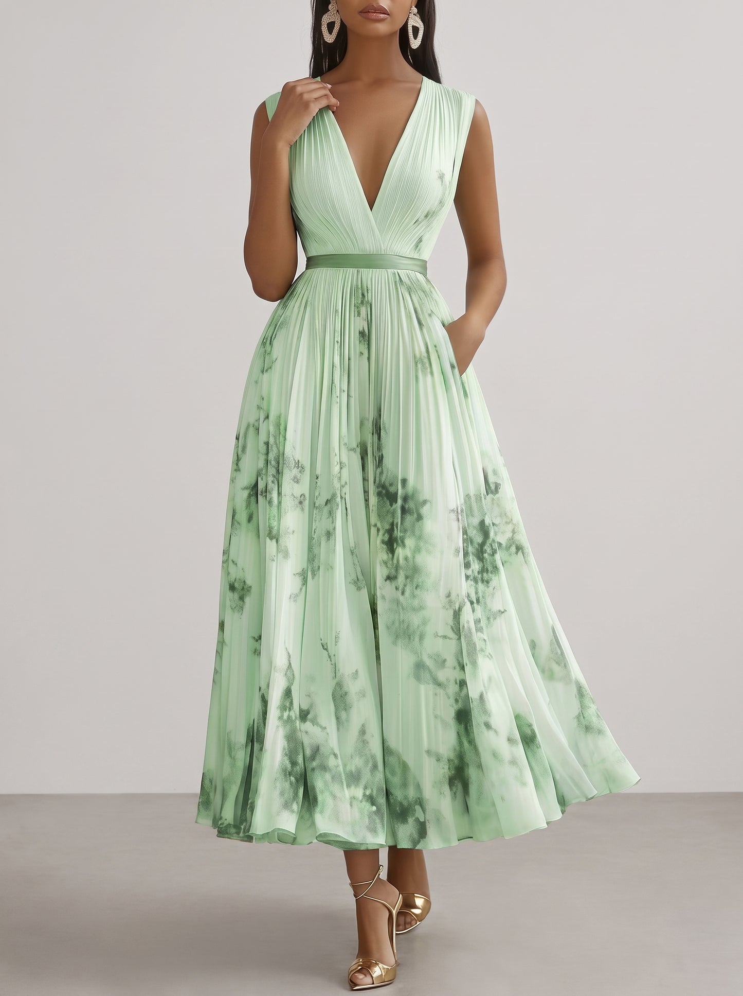 Women's Floral Print Pleated Maxi Dress with Deep V-Neck and A-Line Skirt
