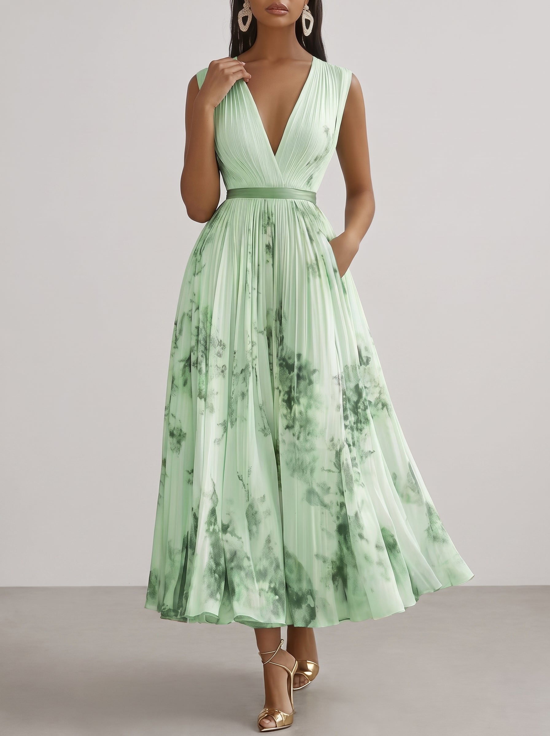 Women's Floral Print Pleated Maxi Dress with Deep V-Neck and A-Line Skirt