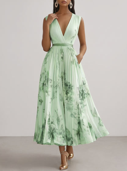 Women's Floral Print Pleated Maxi Dress with Deep V-Neck and A-Line Skirt