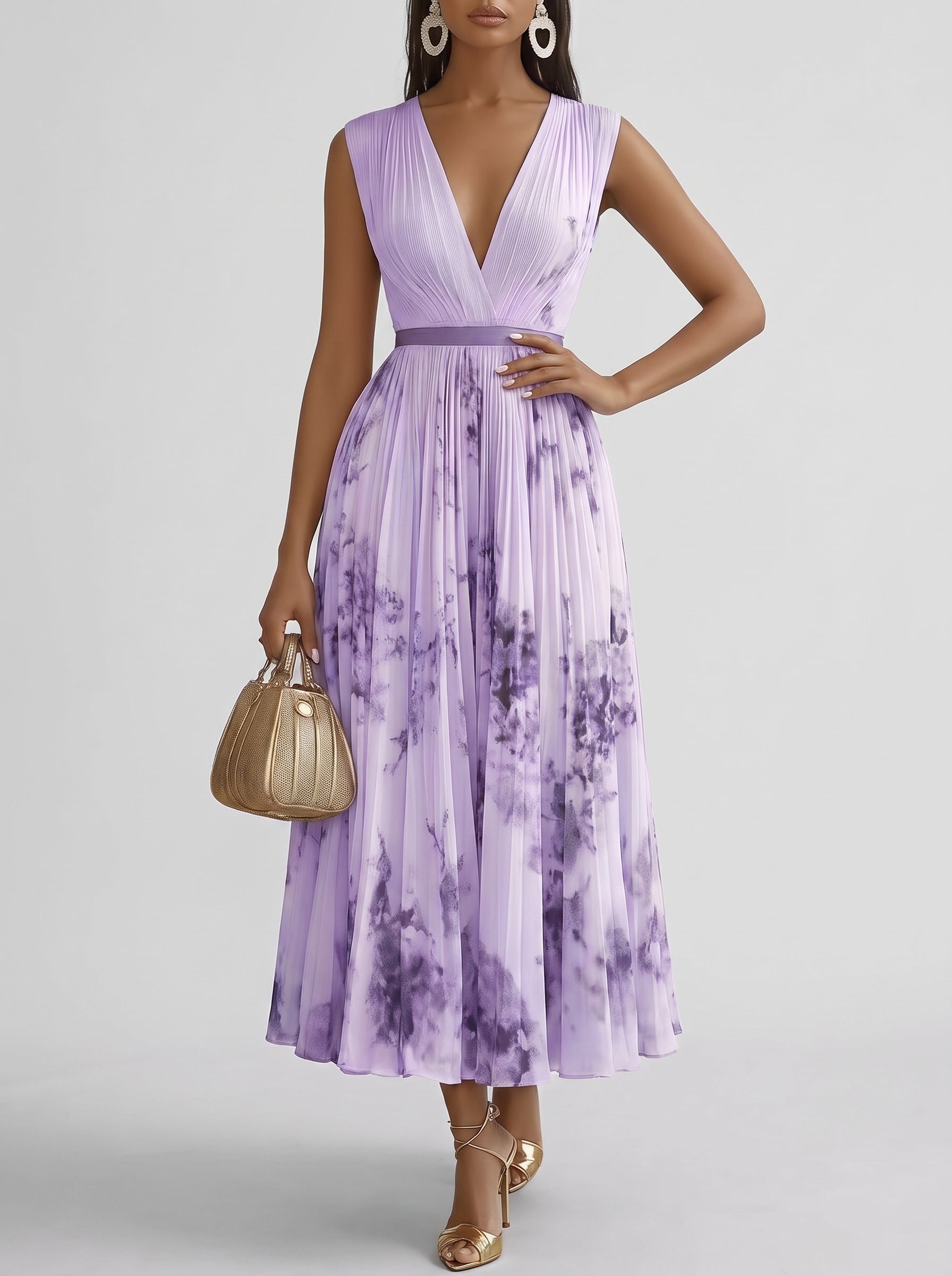 Women's Floral Print Pleated Maxi Dress with Deep V-Neck and A-Line Skirt