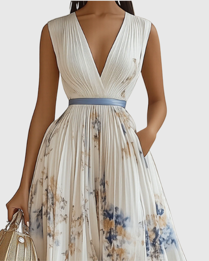 Women's Floral Print Pleated Maxi Dress with Deep V-Neck and A-Line Skirt