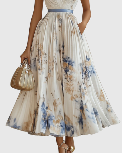 Women's Floral Print Pleated Maxi Dress with Deep V-Neck and A-Line Skirt