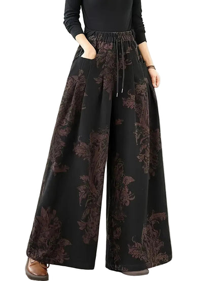 Women's Floral Wide-Leg Pants with Drawstring Waist