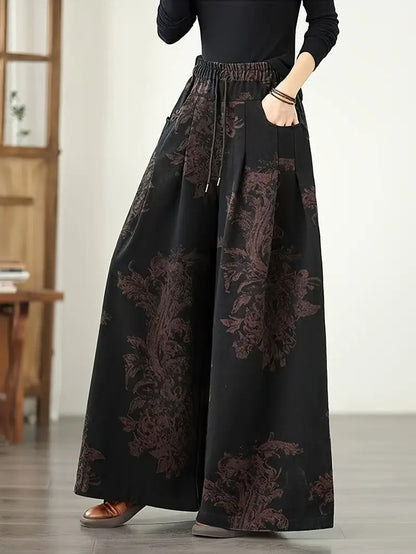 Women's Floral Wide-Leg Pants with Drawstring Waist