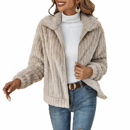 Women's Fluffy Zip-Up Jacket with Lapel Collar and Long Sleeves