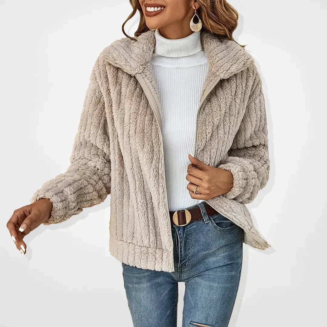 Women's Fluffy Zip-Up Jacket with Lapel Collar and Long Sleeves