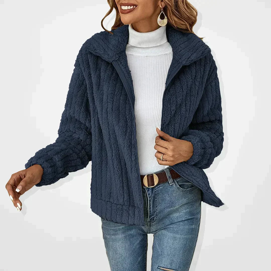 Women's Fluffy Zip-Up Jacket with Lapel Collar and Long Sleeves