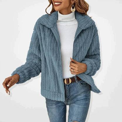 Women's Fluffy Zip-Up Jacket with Lapel Collar and Long Sleeves
