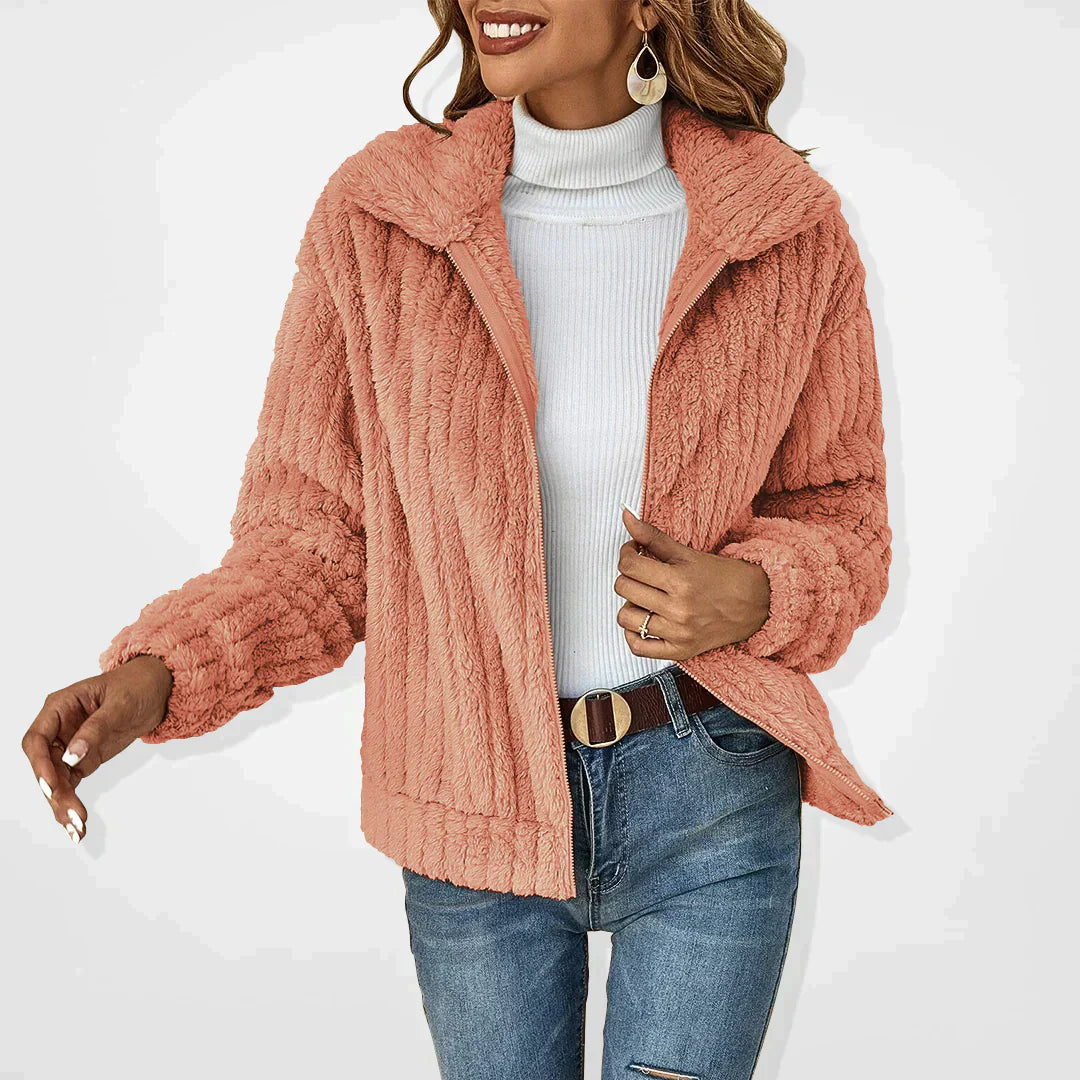 Women's Fluffy Zip-Up Jacket with Lapel Collar and Long Sleeves