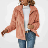 Women's Fluffy Zip-Up Jacket with Lapel Collar and Long Sleeves