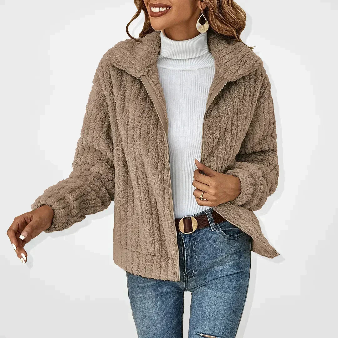 Women's Fluffy Zip-Up Jacket with Lapel Collar and Long Sleeves
