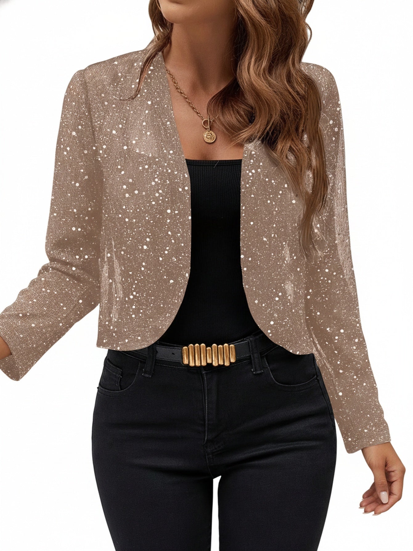 Women's Glitter Cropped Blazer with Open Front and Long Sleeves