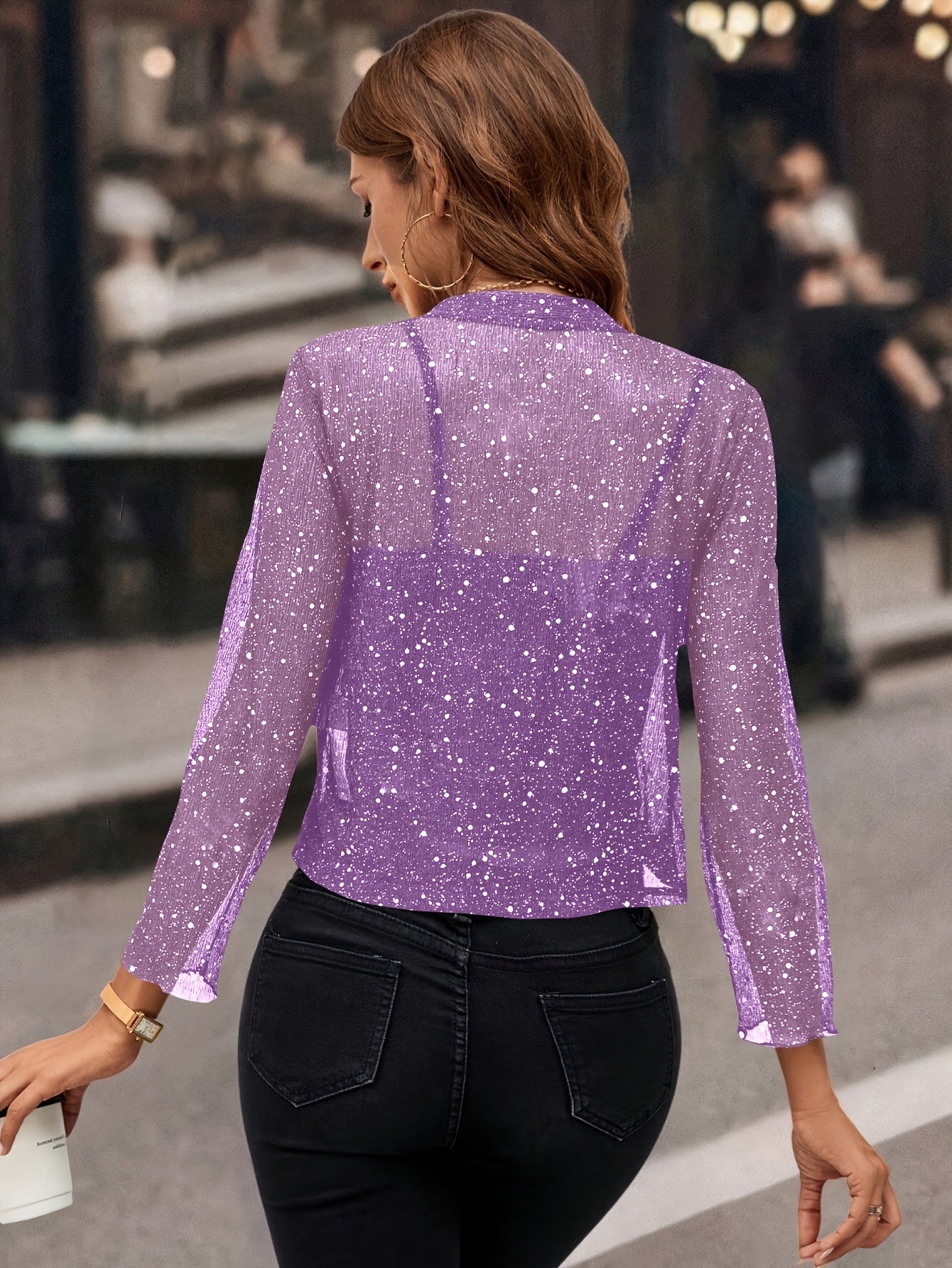 Women's Glitter Cropped Blazer with Open Front and Long Sleeves