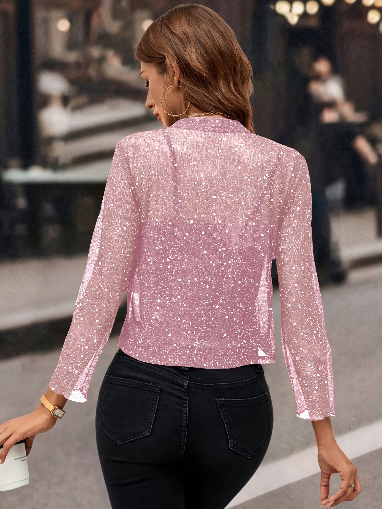 Women's Glitter Cropped Blazer with Open Front and Long Sleeves