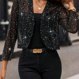 Women's Glitter Cropped Blazer with Open Front and Long Sleeves