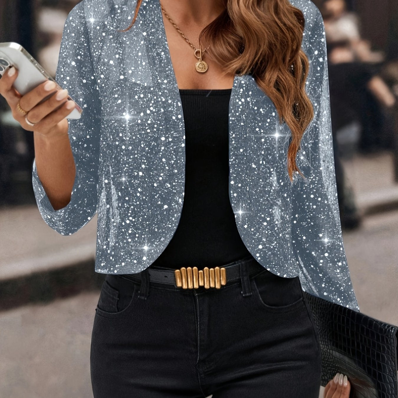 Women's Glitter Cropped Blazer with Open Front and Long Sleeves