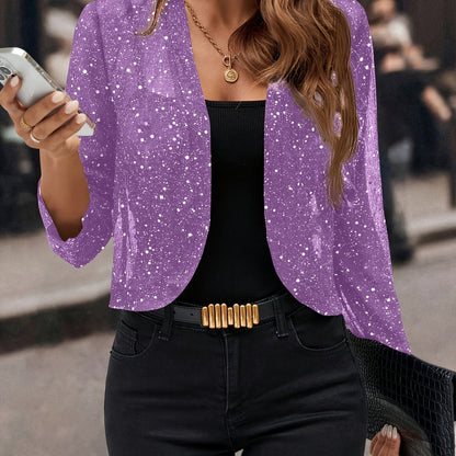 Women's Glitter Cropped Blazer with Open Front and Long Sleeves