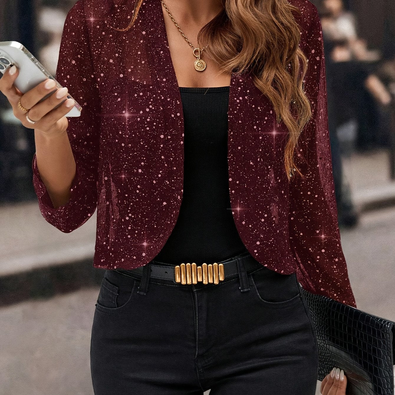 Women's Glitter Cropped Blazer with Open Front and Long Sleeves