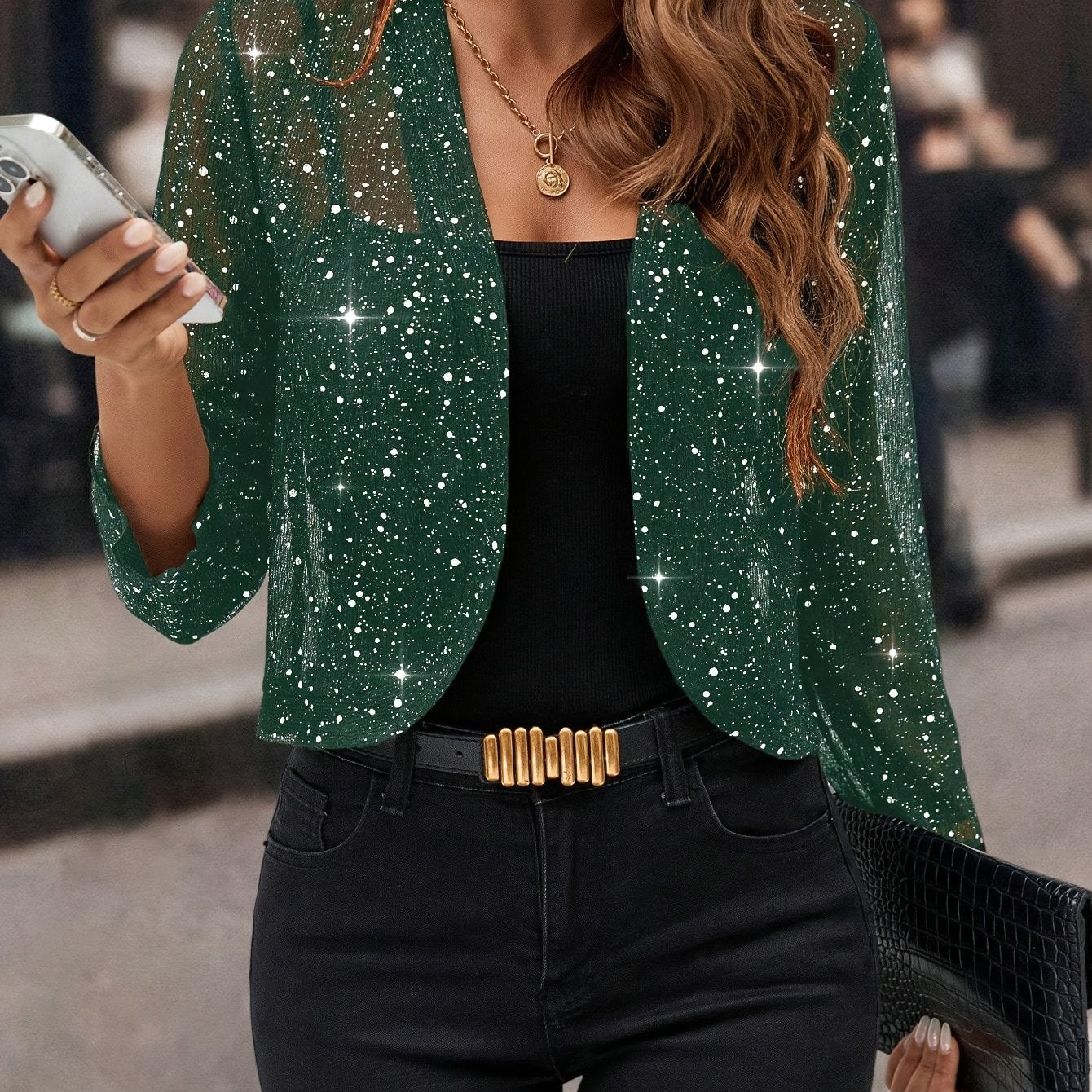 Women's Glitter Cropped Blazer with Open Front and Long Sleeves