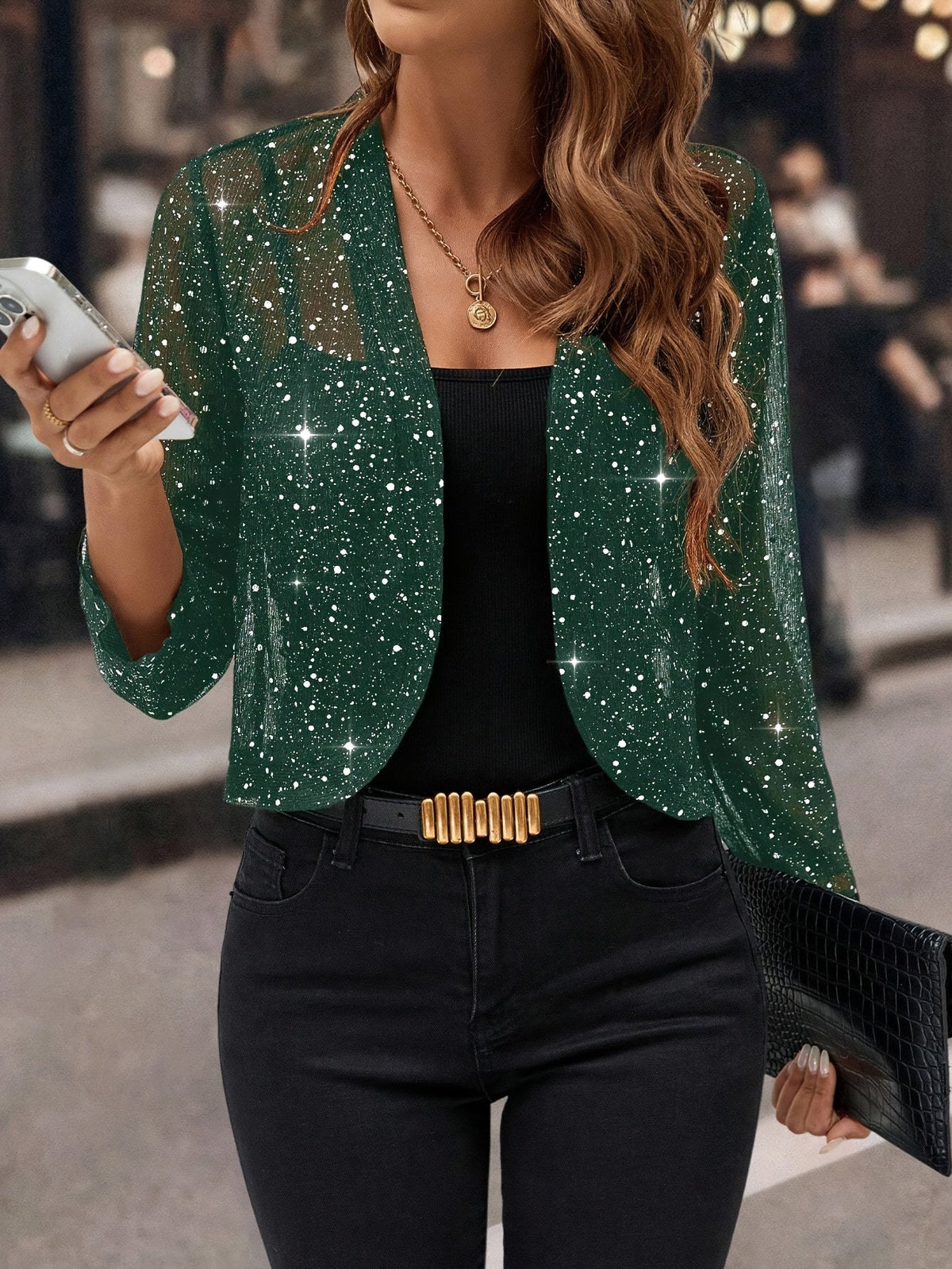 Women's Glitter Cropped Blazer with Open Front and Long Sleeves