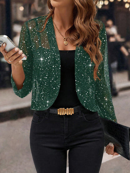 Women's Glitter Cropped Blazer with Open Front and Long Sleeves