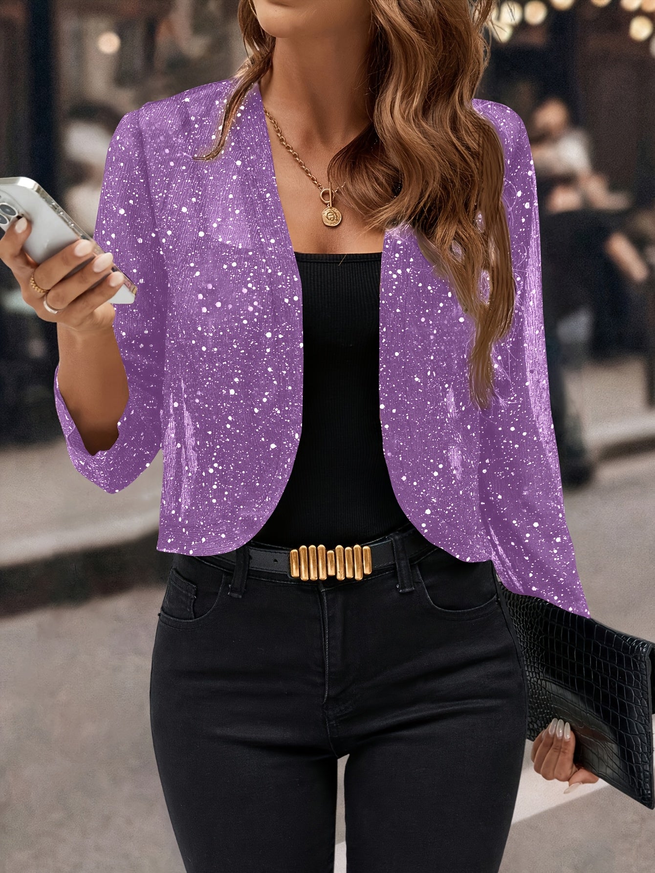 Women's Glitter Cropped Blazer with Open Front and Long Sleeves