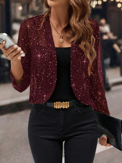 Women's Glitter Cropped Blazer with Open Front and Long Sleeves