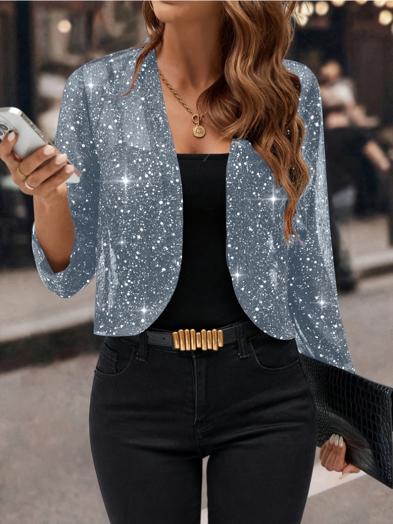 Women's Glitter Cropped Blazer with Open Front and Long Sleeves