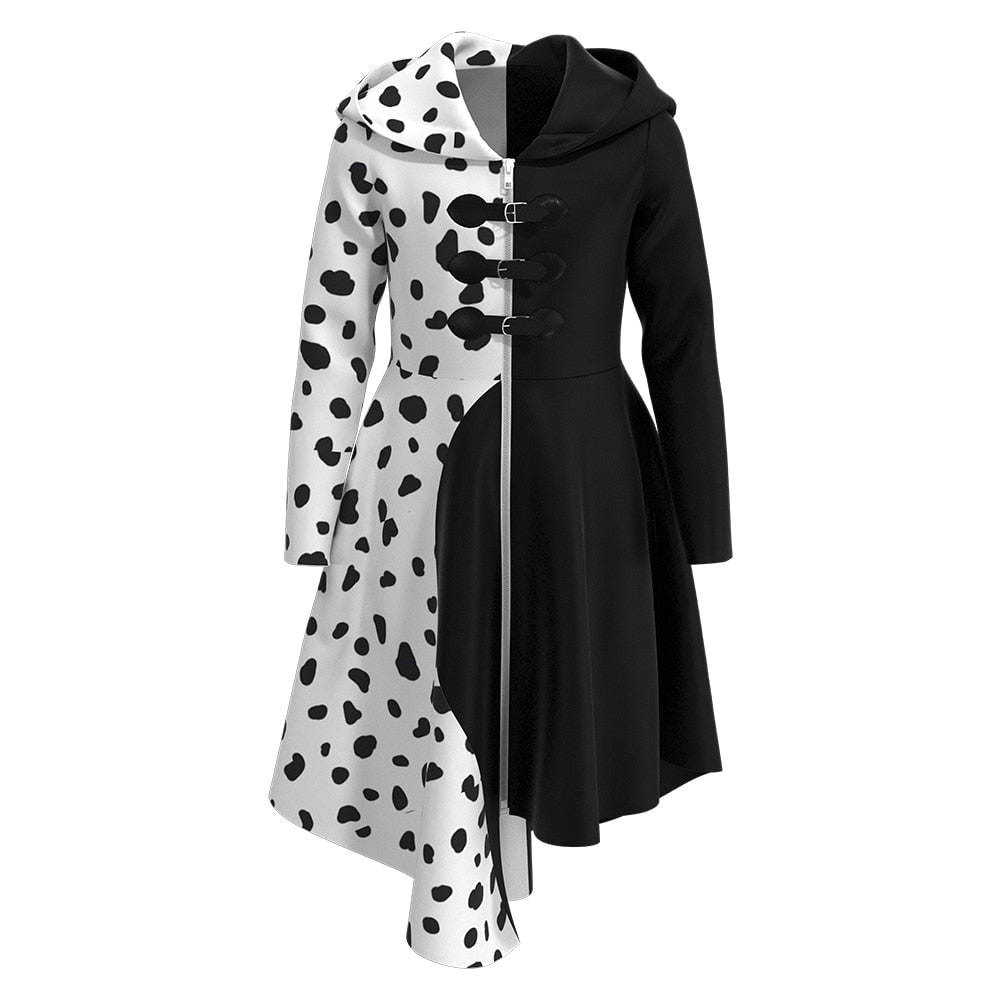 Women's Halloween Hooded Costume Dress with Dalmatian Print and Asymmetric Hem