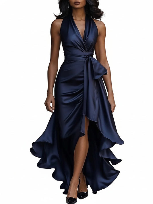 Women's Halter Neck Maxi with Wrap Waist and High-Low Ruffle Hem