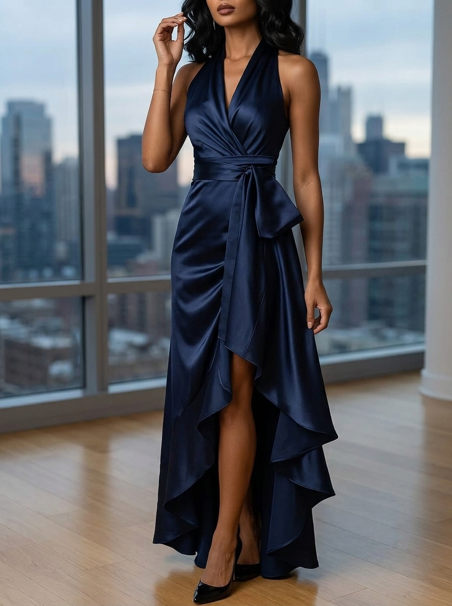 Women's Halter Neck Maxi with Wrap Waist and High-Low Ruffle Hem