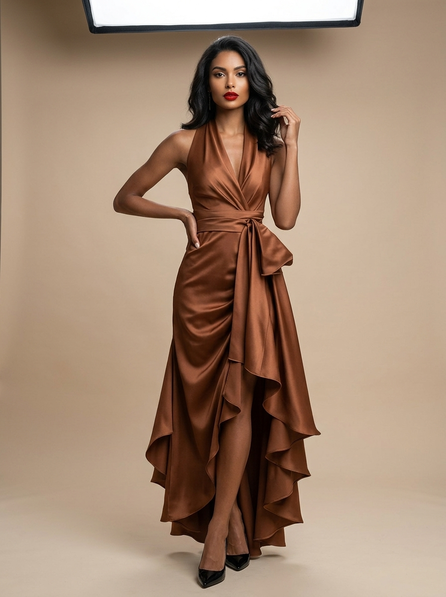 Women's Halter Neck Maxi with Wrap Waist and High-Low Ruffle Hem