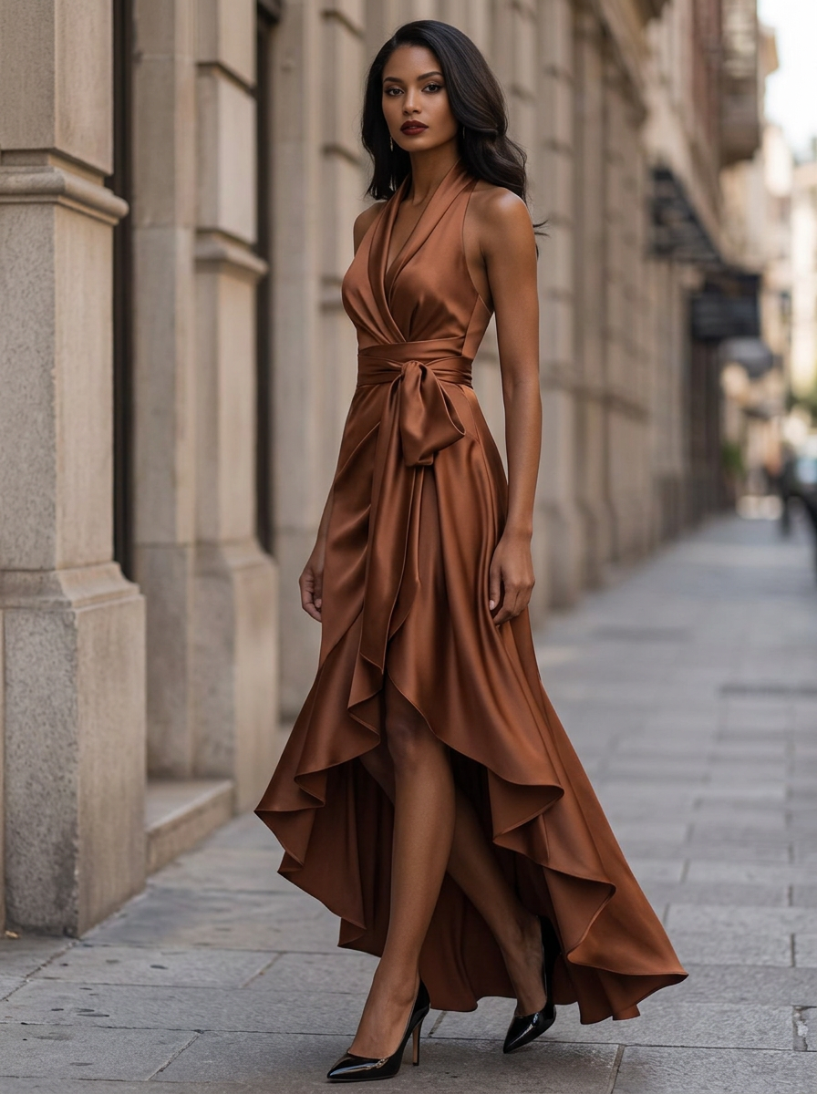 Women's Halter Neck Maxi with Wrap Waist and High-Low Ruffle Hem