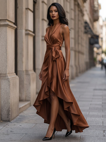 Women's Halter Neck Maxi with Wrap Waist and High-Low Ruffle Hem