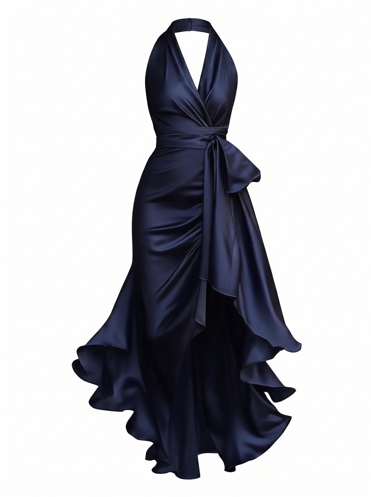 Women's Halter Neck Maxi with Wrap Waist and High-Low Ruffle Hem