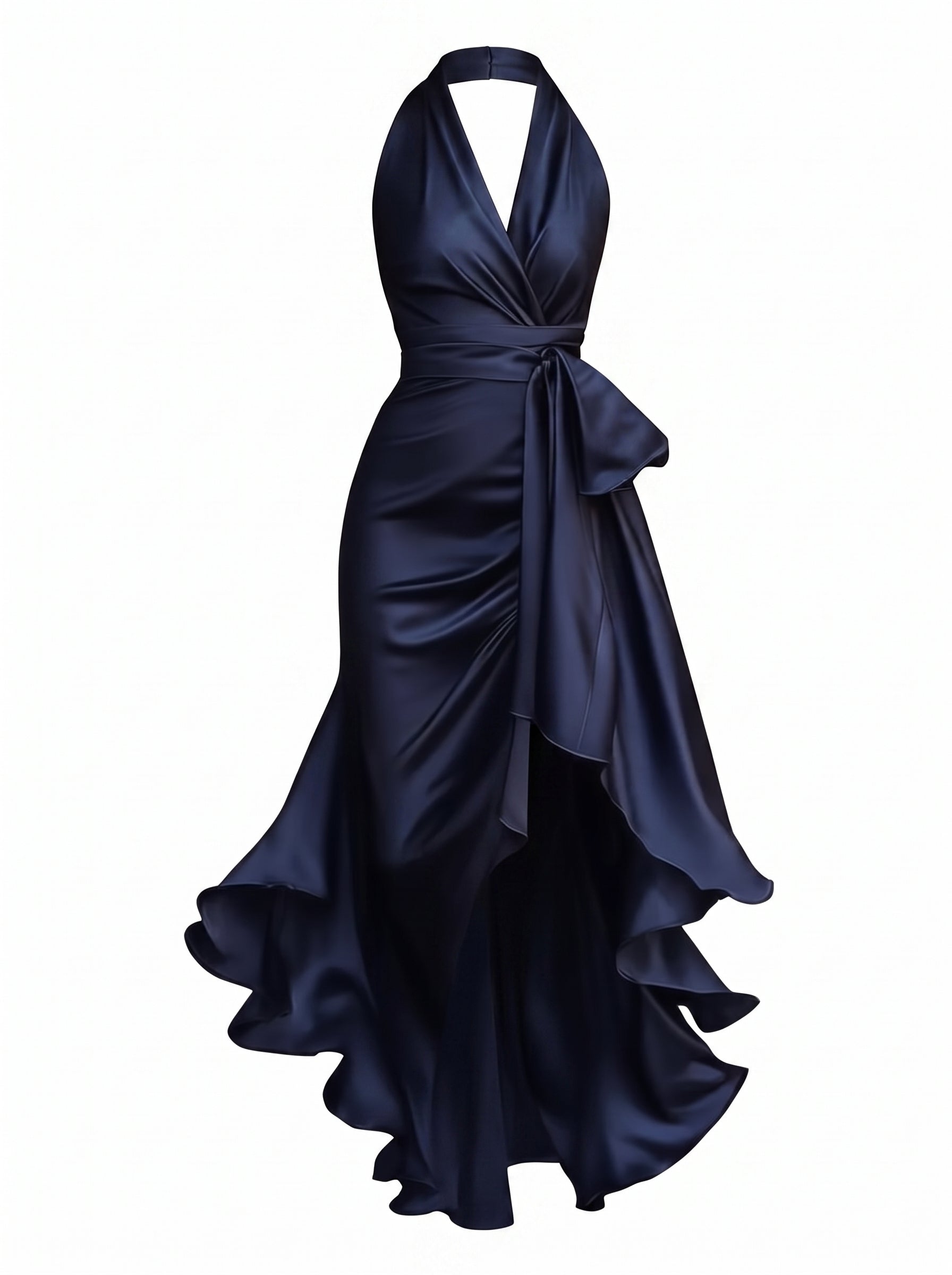 Women's Halter Neck Maxi with Wrap Waist and High-Low Ruffle Hem