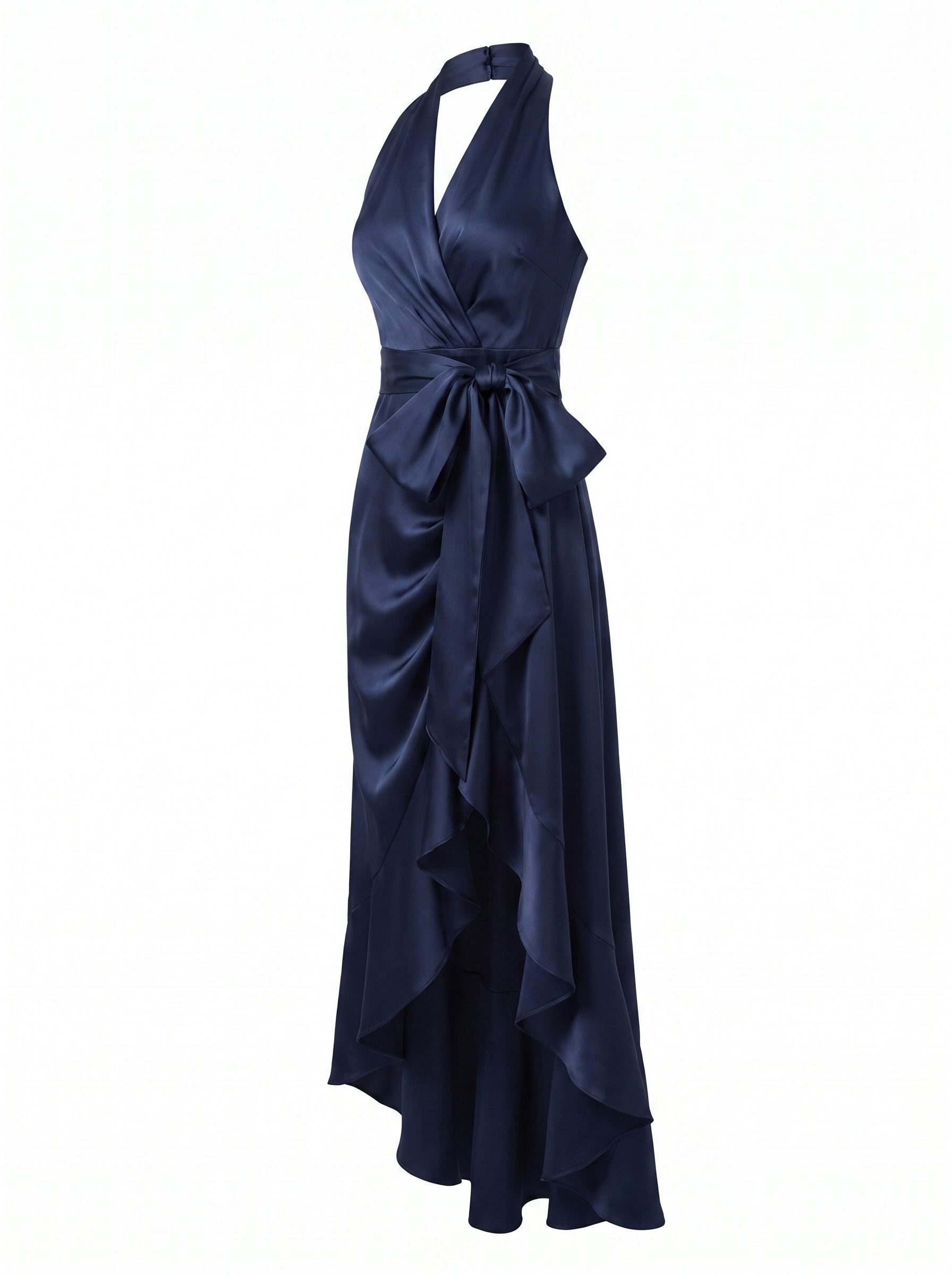 Women's Halter Neck Maxi with Wrap Waist and High-Low Ruffle Hem