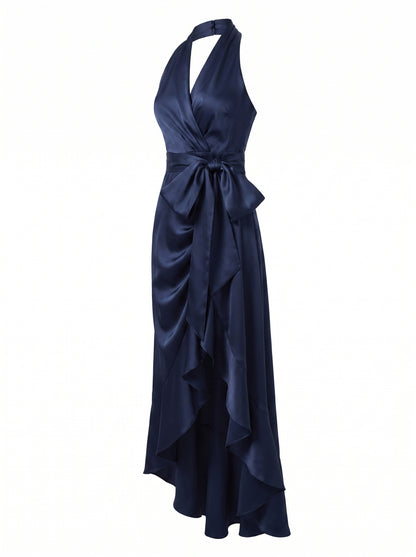 Women's Halter Neck Maxi with Wrap Waist and High-Low Ruffle Hem