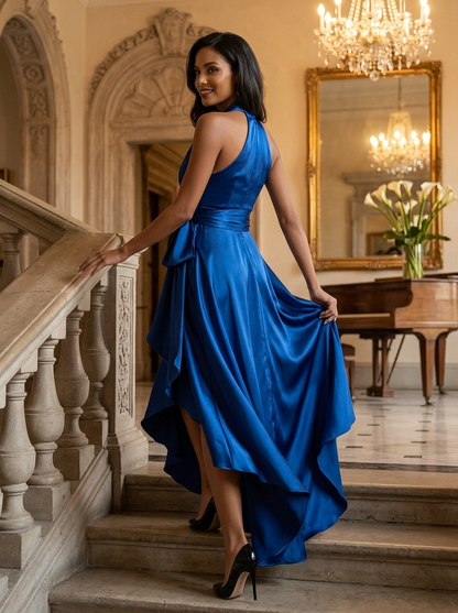 Women's Halter Neck Maxi with Wrap Waist and High-Low Ruffle Hem