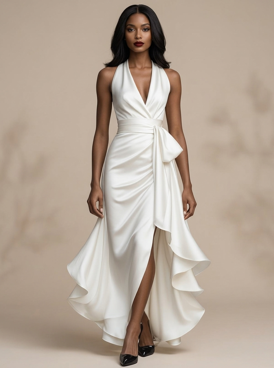 Women's Halter Neck Maxi with Wrap Waist and High-Low Ruffle Hem