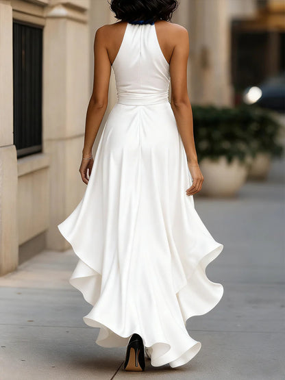 Women's Halter Neck Maxi with Wrap Waist and High-Low Ruffle Hem