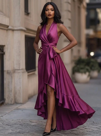 Women's Halter Neck Maxi with Wrap Waist and High-Low Ruffle Hem