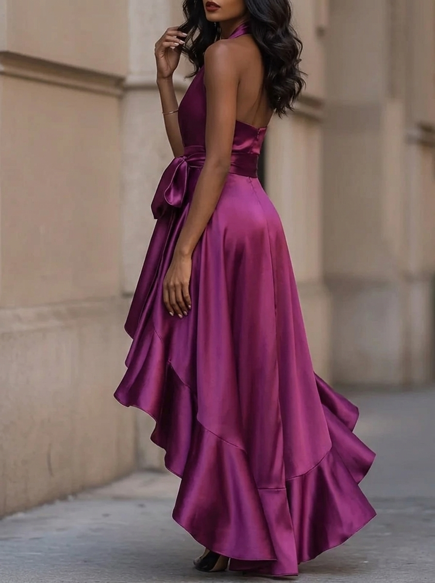 Women's Halter Neck Maxi with Wrap Waist and High-Low Ruffle Hem