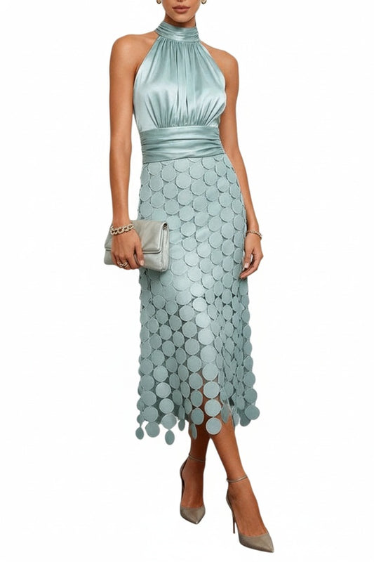 Women's Halter Neck Midi Dress with Circle Appliqué Skirt