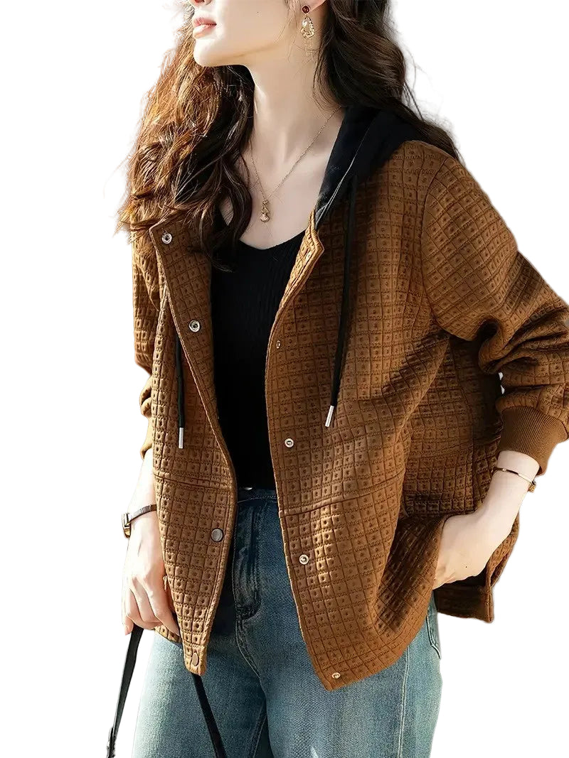 Women's Hooded Jacket with Textured Grid Pattern